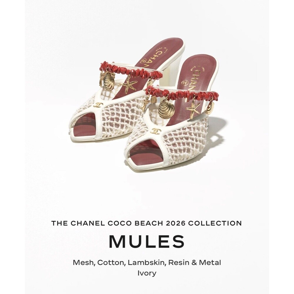 NEW Chanel 26M Coco Beach Mules Ivory Mesh/Cotton/Lambskin/Resin/Metal Size 36.5